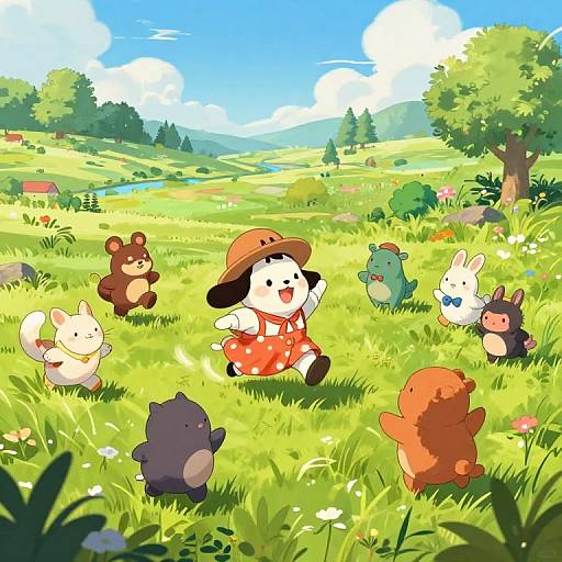 Bright, colorful anime-style illustration of a joyful girl in a red dress and hat, playing with various cute, colorful animals in a sunny, lush green