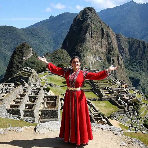 Woman in Red Traditional Attire at Machu Picchu