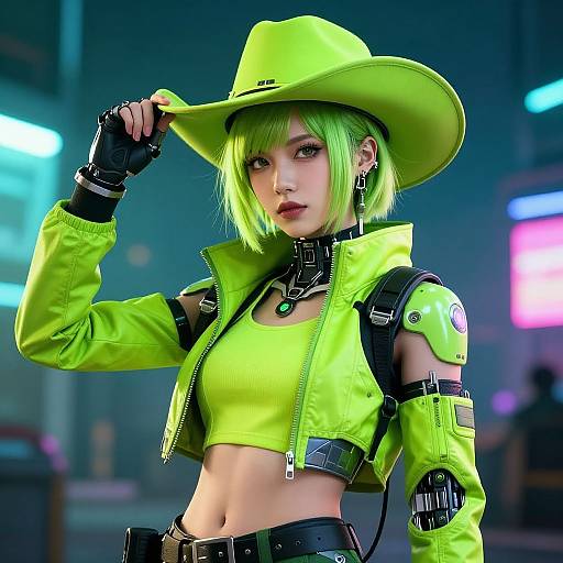 Digital art of a neon-green-haired woman in a bright yellow hat, crop top, and jacket, with black gloves and straps, posing confidently in a