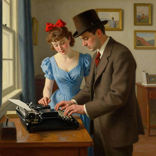 Vintage photograph of a young couple in Edwardian clothing, writing on an old typewriter in a sunlit, framed-wallroom. He wears a brown