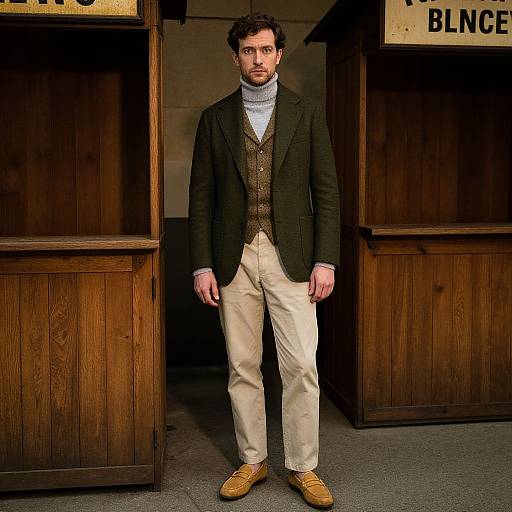 Photograph of a bearded man in a dark blazer, brown vest, light gray turtleneck, beige pants, and tan shoes, standing