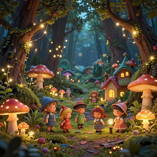 Whimsical forest scene: five cute, cartoon-style children in colorful clothes stand among glowing mushrooms, fairy lights, and enchanted cottages.