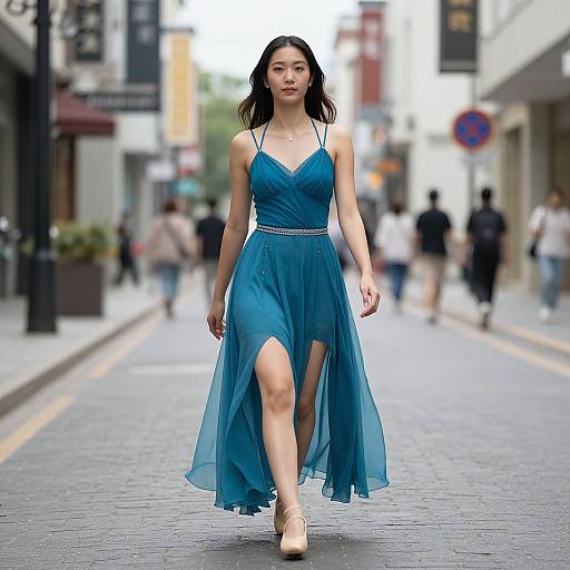 Asian woman in teal, sleeveless, high-slit dress and beige heels walks confidently down a blurred urban street, surrounded by pedestrians. Photograph.
