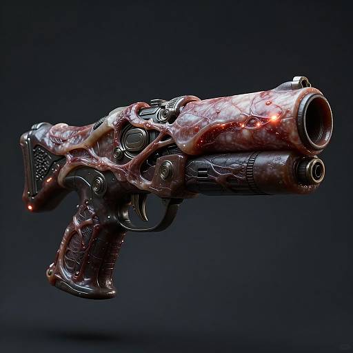 Photorealistic CGI of a heavily detailed, blood-stained, cyberpunk-style handgun with intricate mechanical designs and a dark, glossy finish against a black