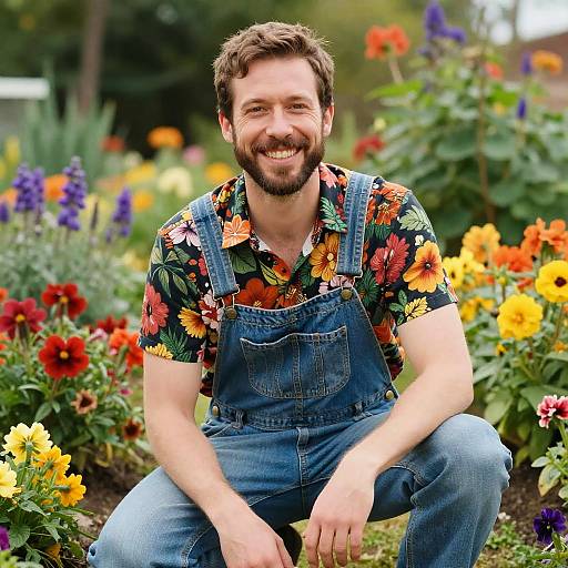 Photograph of a smiling bearded man with short brown hair, wearing a floral shirt and blue overalls, kneeling in a vibrant garden with colorful flowers