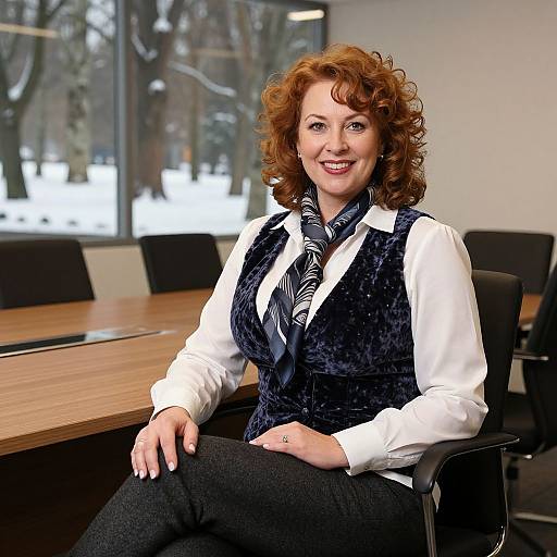 Photograph of a smiling, red-haired woman with curly hair, wearing a white shirt, navy velvet vest, and striped tie, seated in a modern