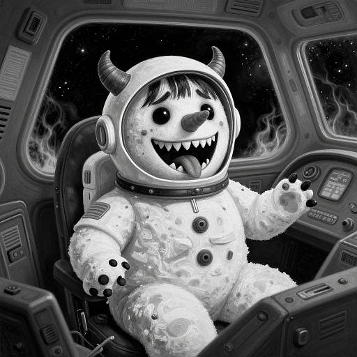 Digital drawing of a cute, fluffy white creature with horns, sharp teeth, and a spacesuit, joyfully driving a spacecraft cockpit.