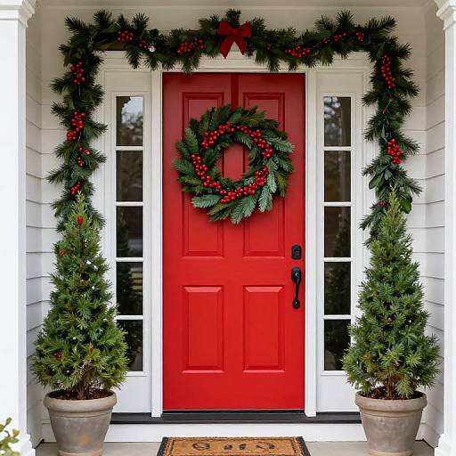 Photograph of a bright red front door adorned with a green wreath of red berries, flanked by two pine trees and garlands, set in