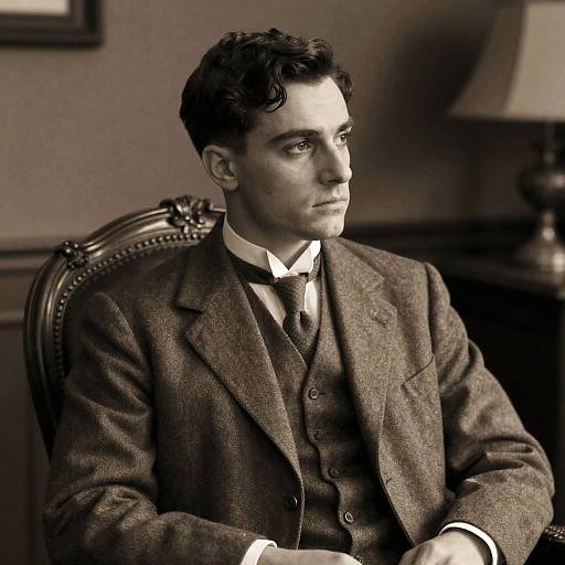 Sepia-toned photograph of a handsome young man with dark, wavy hair, wearing a three-piece tweed suit, white shirt, and black