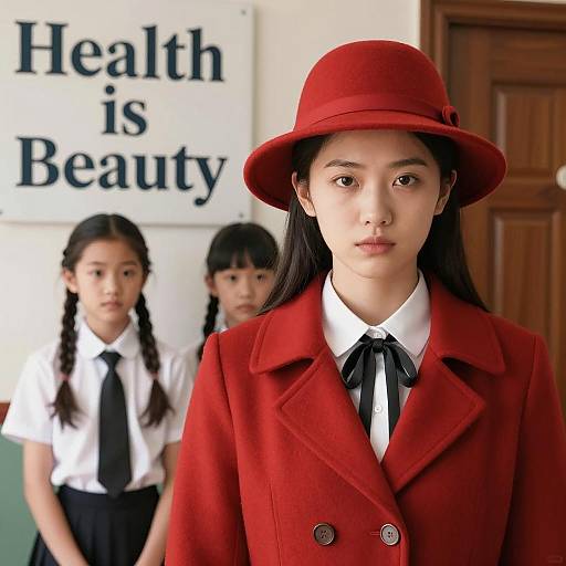 Serious Young Woman in Red Hat