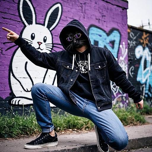Person with Black Cat Mask and Denim Jacket in Urban Graffiti Setting