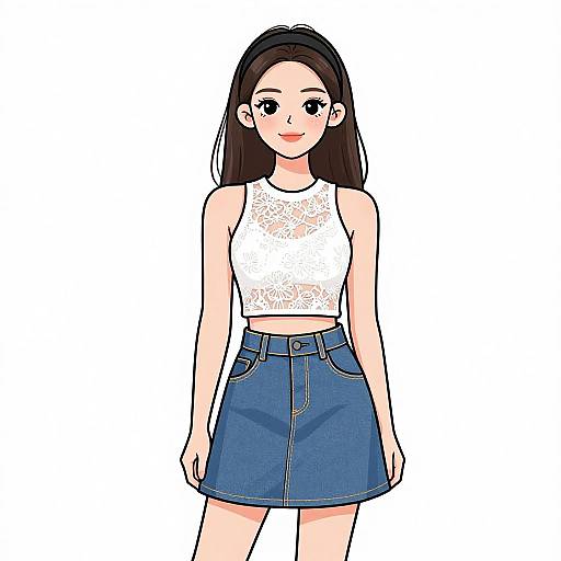 Digital anime-style drawing of a cute young woman with long black hair, wearing a white lace crop top and blue denim skirt.