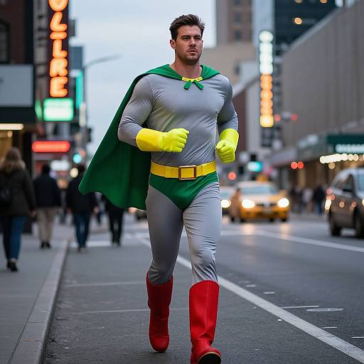 Photograph of a muscular man in a superhero costume with green cape, yellow gloves, red boots, and green-yellow bodysuit, running down a