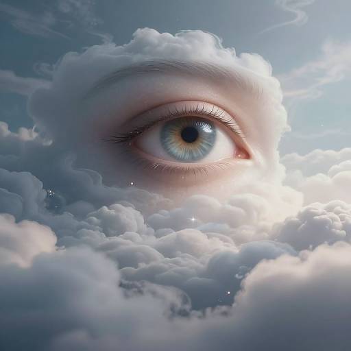 Digital artwork: A realistic blue eye with detailed lashes emerging from fluffy white clouds against a bright, blue sky background.