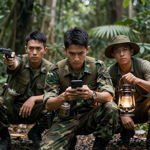 Three Men in Jungle: Intense Expressions