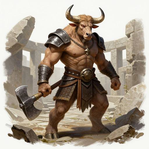 Digital art of a muscular, anthropomorphic minotaur warrior with horns, wearing armor and a leather skirt, holding an axe, standing in a ruined