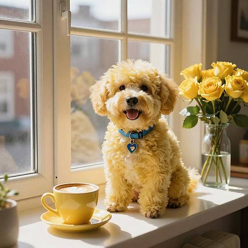 Cheerful Yellow Dog on Sunlit Windowsill
