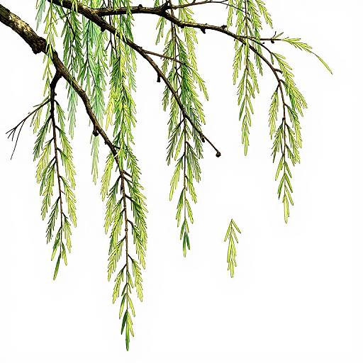 Photograph of slender, green pine tree branches with delicate, needle-like leaves against a stark white background, capturing a serene, natural texture.