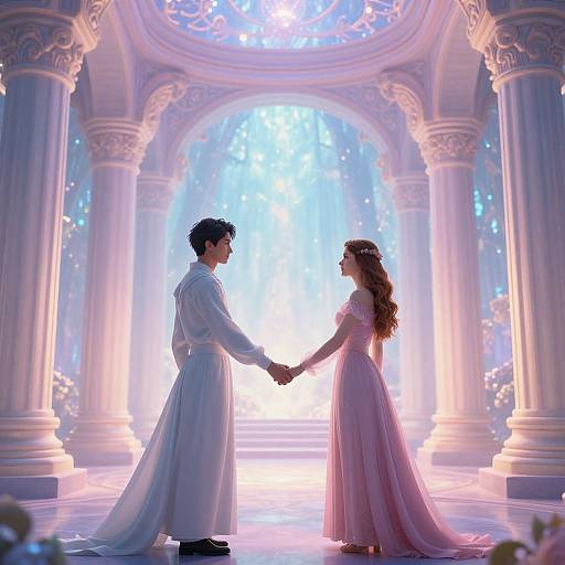 Digital art: Romantic scene with a man and woman in white and pink gowns holding hands, standing in a radiant, grandiose, columned