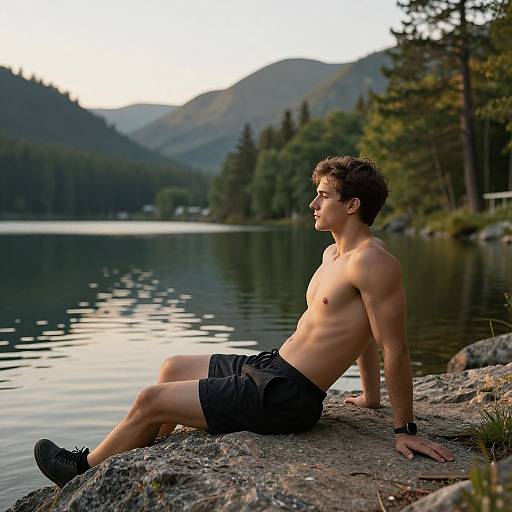 Photograph of a fit, shirtless young man with short brown hair, wearing black shorts and black shoes, sitting on a rocky lakeshore,