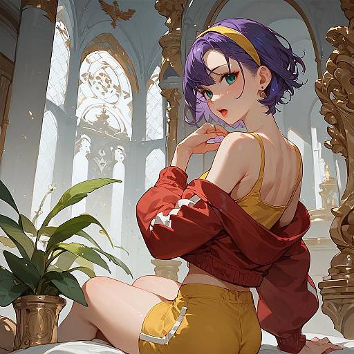 Digital anime-style drawing of a purple-haired girl with green eyes, wearing a yellow headband, red jacket, yellow crop top, and shorts, sitting