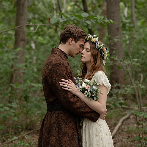 Photograph of a young couple in a forest, he in brown textured suit, she in white dress, holding flowers, wearing a floral crown, g