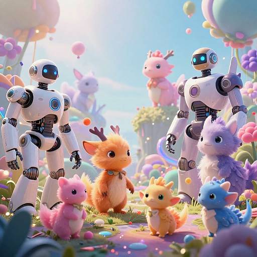 CGI image: Adorable fluffy, colorful creatures with large eyes and small antlers stand with two white, glowing-eyed robots in a vibrant, sunny