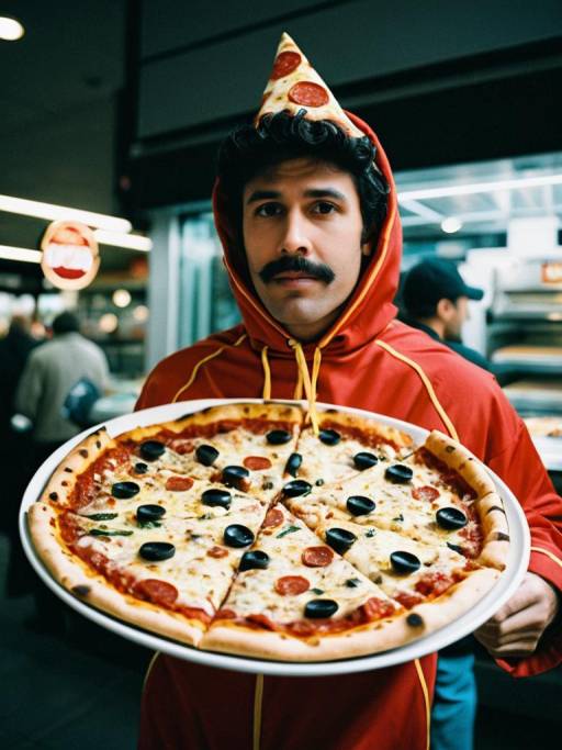 Man Wearing Pizza Slice Hat Holding Pizza