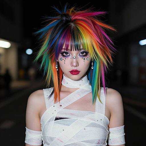 Photograph of a woman with vibrant rainbow spiky hair, white bandage dress, and star-patterned face makeup, standing in a dark urban night