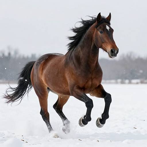 Majestic Brown Horse Galloping in Snow
