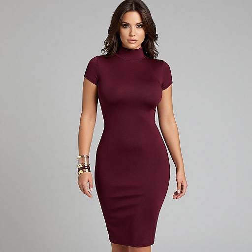 Photograph of a woman with long dark hair, wearing a tight, short-sleeved, burgundy dress and gold bangles, standing against a