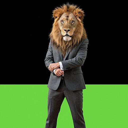 Photograph of a lion with a full mane wearing a black suit, standing with arms crossed, against a black and green background.