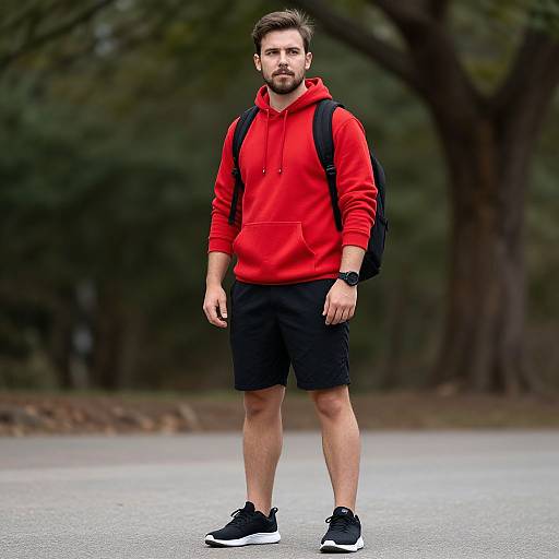 Photograph of a bearded man with short brown hair, wearing a red hoodie, black shorts, black sneakers, and a black backpack, walking on