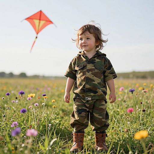 Photograph of a young child with curly brown hair, wearing camouflage outfit and brown boots, flying a red kite in a colorful meadow.