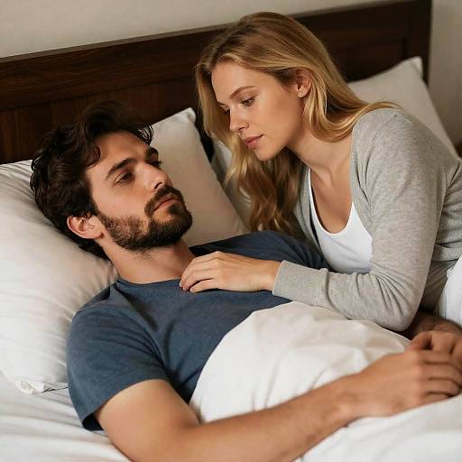 Concerned Woman Comforting Man in Bed