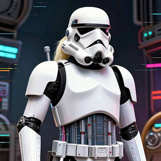 Digital artwork of a white-armored, humanoid stormtrooper with a black gas mask and blonde ponytail, standing in a futuristic, neon-lit