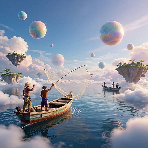 Digital artwork of two shirtless men fishing in a wooden boat with colorful orbs, floating islands, and clouds on a serene blue ocean. Another boat with