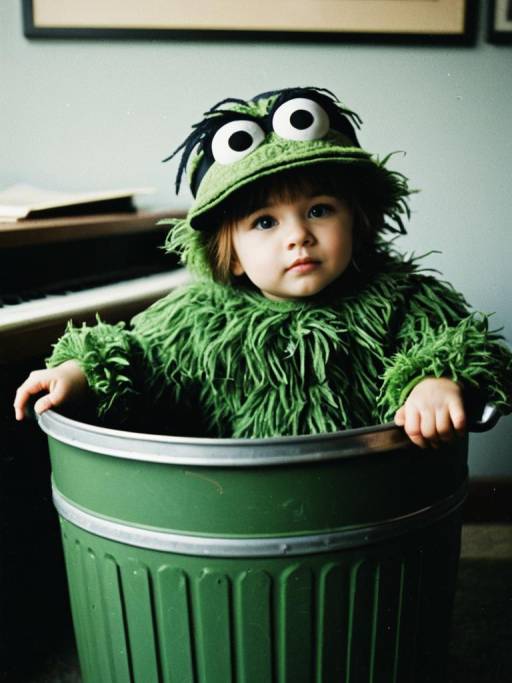 Toddler in Oscar the Grouch Costume in Trash Can