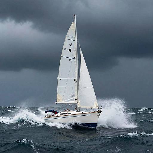 Photograph of a white sailboat with two sails cutting through choppy dark blue waves under a stormy, cloudy sky.