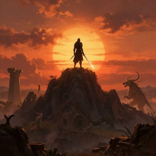 Epic fantasy artwork: Silhouetted warrior on rocky hill, backlit by vibrant orange sunset, surrounded by ruins, dragon, and scattered debris