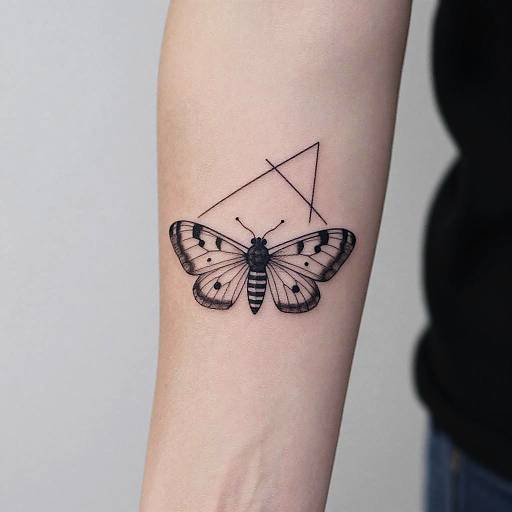 Black ink tattoo of a butterfly with striped wings, centered within a geometric triangle outline on a pale arm.