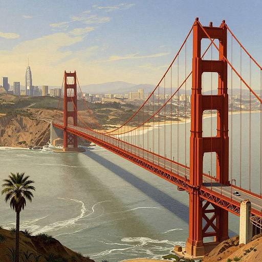 Photograph of the iconic, vibrant red Golden Gate Bridge spanning San Francisco Bay, with a palm tree in the foreground and city skyline in the background under