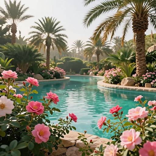 Photograph of a sunlit, tropical pool surrounded by pink roses, palm trees, and lush greenery, with clear blue water reflecting the bright sky