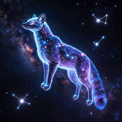 Glowing blue wolf with constellation patterns on its body, floating in a starry, cosmic background. Digital art with vibrant, neon-like effects.