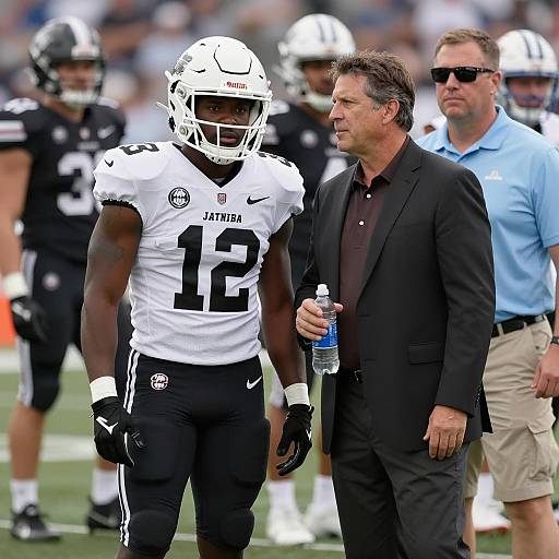 Dynamic Football Scene with Athletes and Coach