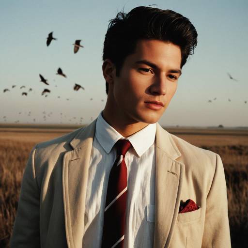 Young Man in Suit Standing in Field at Sunset