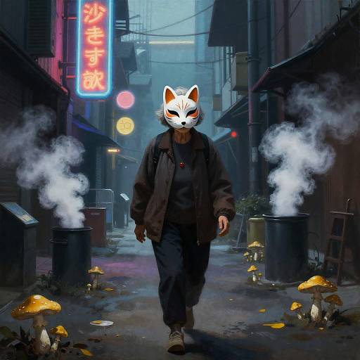 Elderly Woman in Fox Mask at Twilight