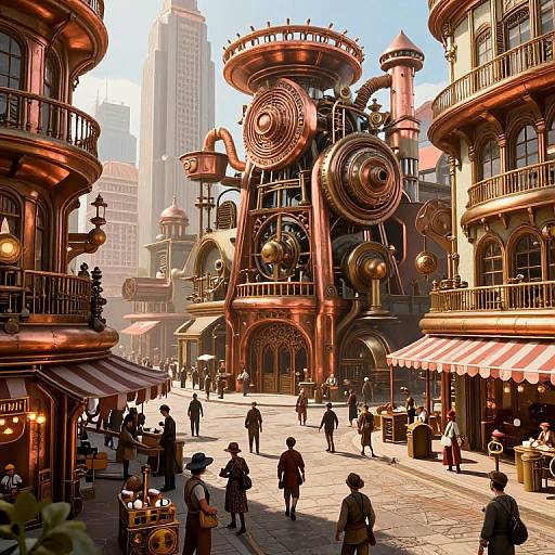 Steampunk city street scene: people walk past intricately designed, brass and copper buildings with large gears, arches, and striped awnings,