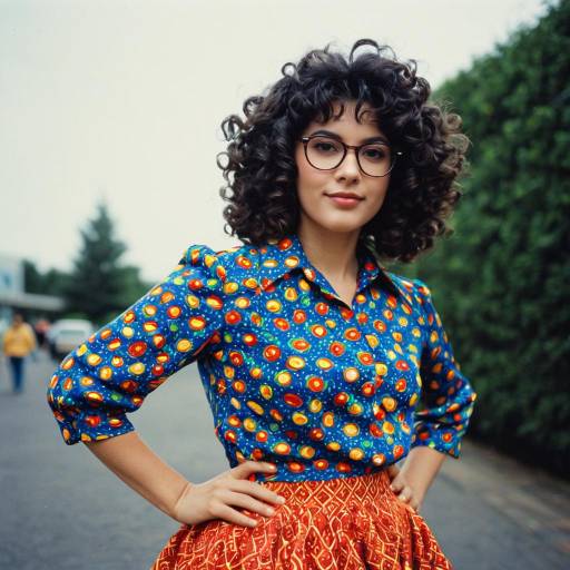Woman in vibrant 1980s outfit with curly hair