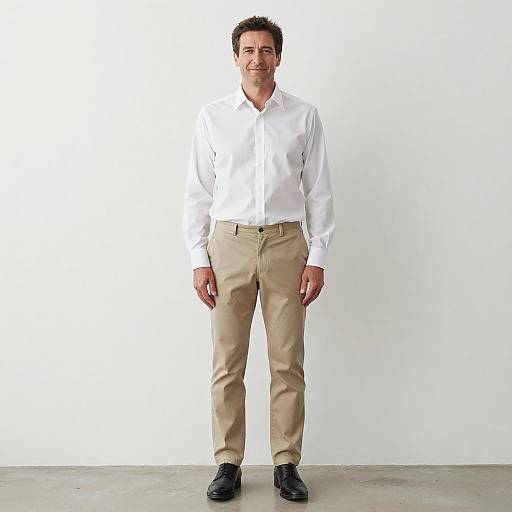 Photograph of a smiling, short-haired man in a white dress shirt, beige pants, and black shoes, standing against a plain white background.